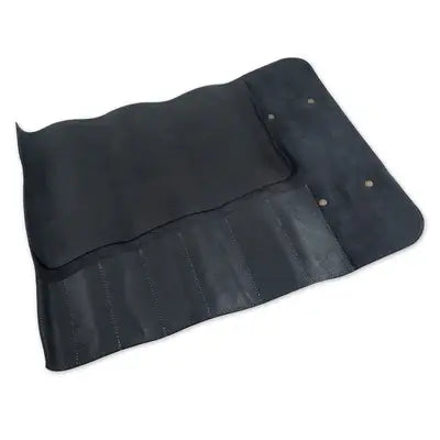Messermeister - Vintage Leather 7 Pocket Knife Roll - Black, unfilled and unrolled, features stitched pockets for knives, and snap fasteners, showcasing premium craftsmanship.