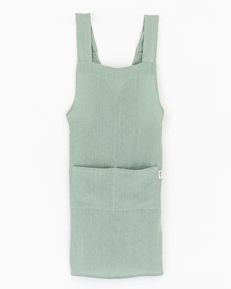 MagicLinen pinafore cross-back linen apron with twin-sectioned front pocket, designed for cooking and gardening, made from 100% European flax.
