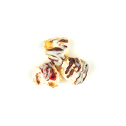 Poppy Hand-Crafted Popcorn - Peppermint Bark Popcorn features chocolate-drizzled clusters with dried fruit bits, showcasing a gourmet holiday treat with peppermint candy sprinkles.