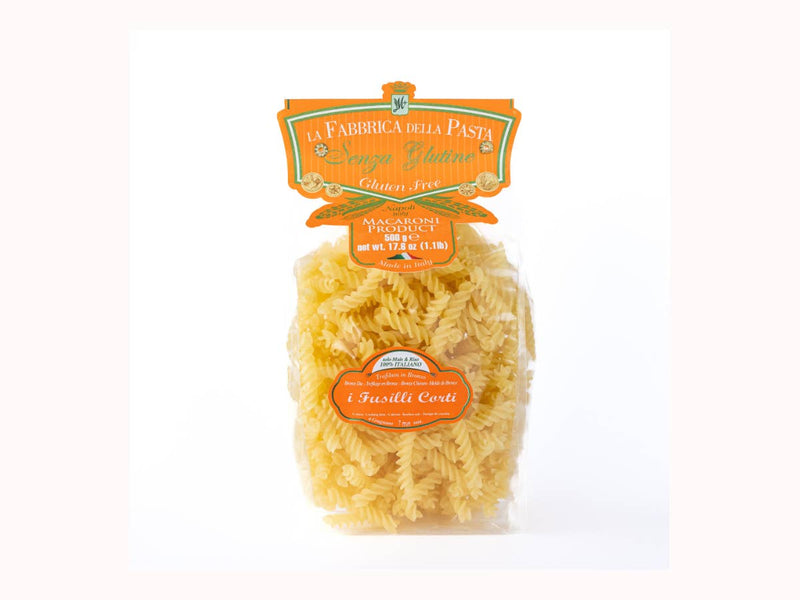 Zia Pia - Gluten Free Fusilli Corti by La Fabbrica della Pasta, 500g bag of artisan Italian gluten-free spiral pasta, ideal for pairing with Mediterranean sauces.