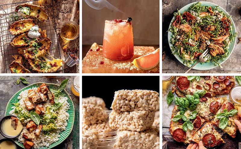 Penguin Random House LLC - Half Baked Harvest Quick & Coz cookbook collage showcasing vibrant, comforting dishes like potato skins, citrus cocktail, salad, chicken bowl, rice-crispy treats, and pizza.