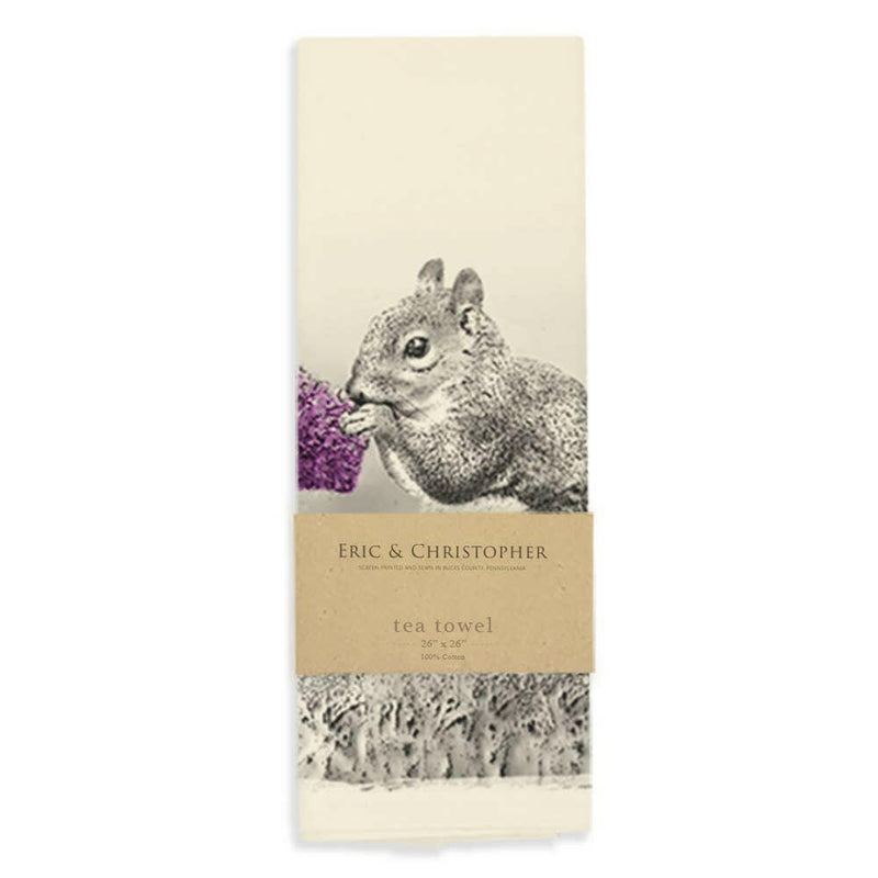 Eric and Christopher | American Woodlands Collective Tea Towel featuring a squirrel design, crafted from 100% pre-shrunk flour sack cotton, perfect for versatile kitchen use.