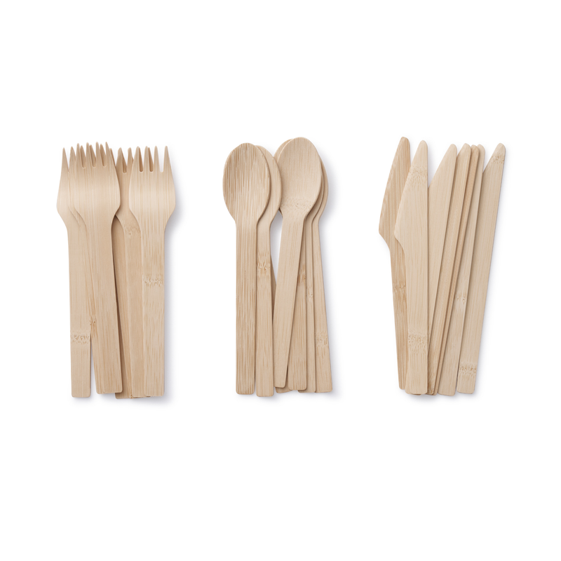 bambu® - Disposable Bamboo Knife, Fork, and Spoon Set arranged on a white background, showcasing eco-friendly, compostable cutlery ideal for any occasion.