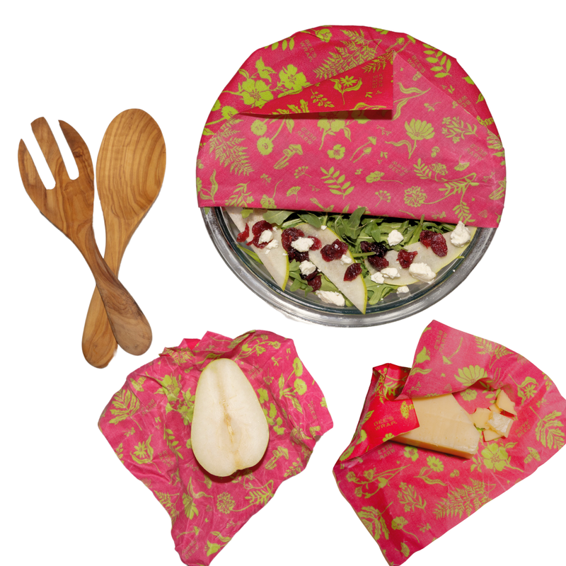 Bee's Wrap - Assorted 3 Pack - Splendid Spring: Reusable fabric food wraps with modern spring print, featuring a wrapped plate of food, wooden spoon, and half pear.