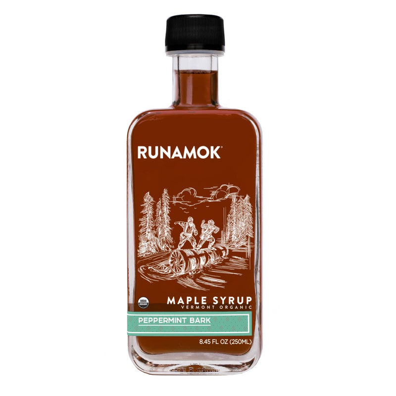 Runamok - Peppermint Bark Organic Maple Syrup 250ml in a slender glass bottle, combining mint, cocoa, and maple flavors for festive culinary delights.