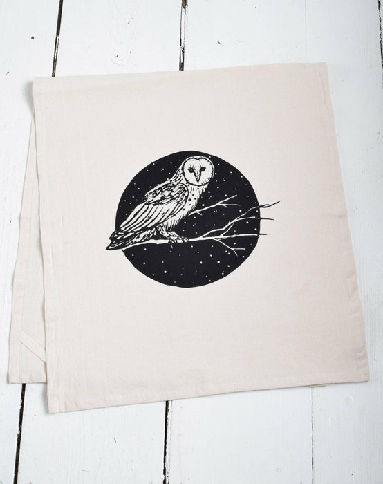 Hearth and Harrow - Organic Cotton Barn Owl Tea Towel - Black Print - Bird Kitch.