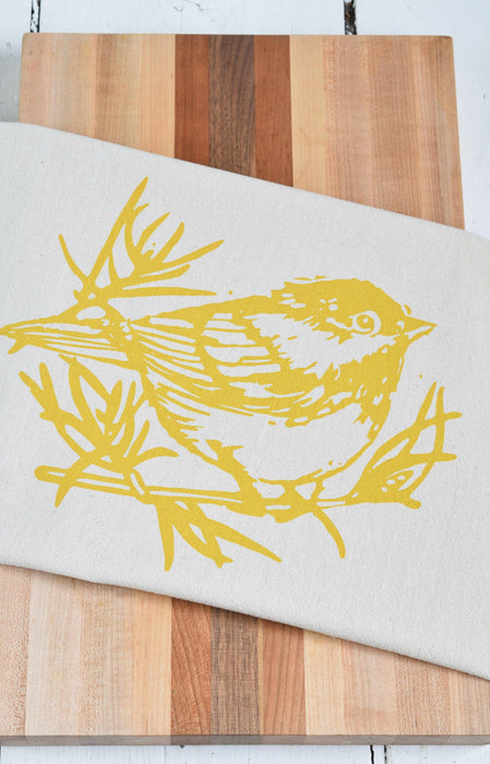 Hearth and Harrow - Organic Cotton Chickadee Tea Towel in Mustard Yellow - Bird.