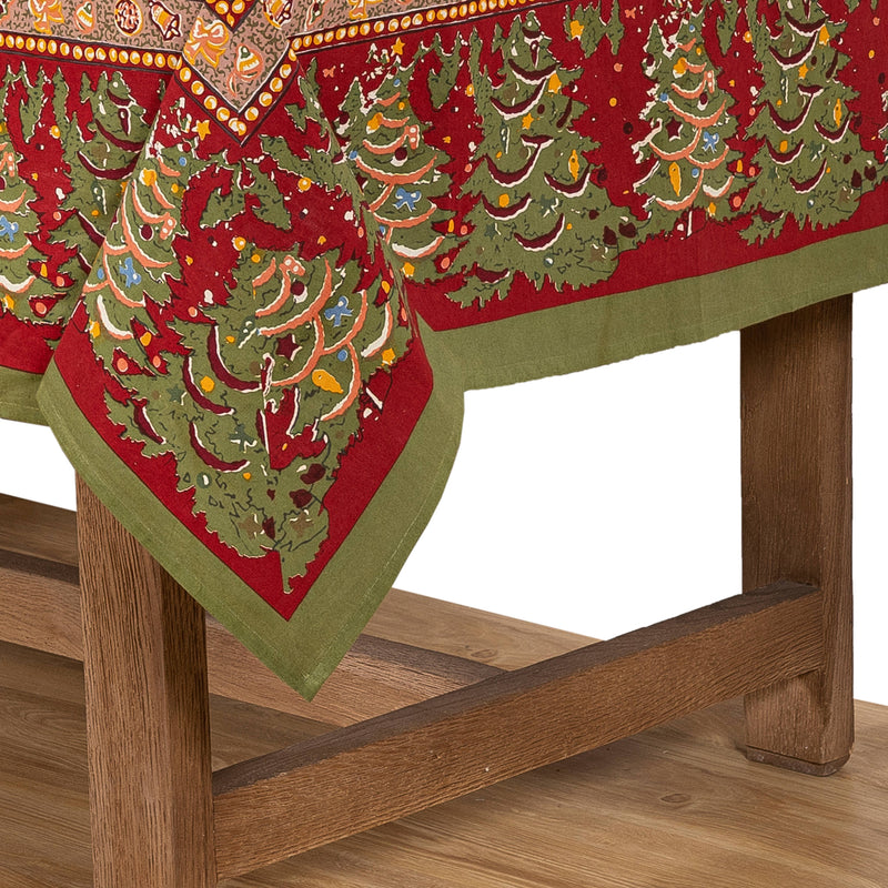 Couleur Nature - Noel Red & Green French Tablecloth: 59 x 86, featuring festive Christmas tree motifs on fine French linen, perfect for adding charm to any dining setting.
