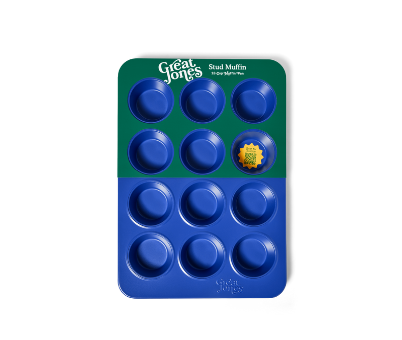 Great Jones | Stud Muffin - Blueberry pan for 12 muffins, showcasing its nonstick, nontoxic finish, ideal for easy baking and cleanup.