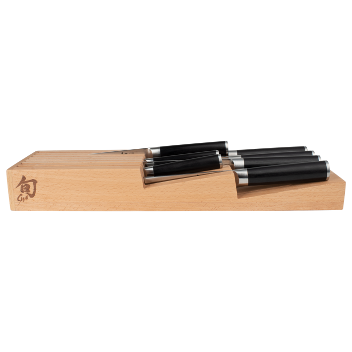 Shun | In-Drawer Knife Trays, 7 Slot: Wooden block with black-handled knives, designed for efficient in-drawer storage, ideal for organized kitchen spaces.