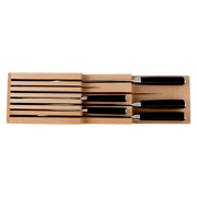 Shun | In-Drawer Knife Trays, 7 Slot, featuring black-handled stainless-steel knives organized in a beechwood holder, perfect for maintaining a tidy kitchen space.