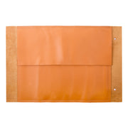 Opinel | 8 Slot Chef Knife Carrier, Leather: Saddle-tan roll-up sleeve with snap closures and embossed logo, designed to hold up to 8 chef knives.