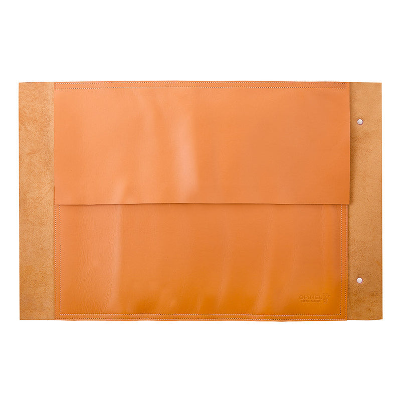 Opinel | 8 Slot Chef Knife Carrier, Leather: Saddle-tan roll-up sleeve with snap closures and embossed logo, designed to hold up to 8 chef knives.