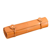 Opinel | 8 Slot Chef Knife Carrier, Leather: A chic tan leather roll-up case with two straps, ideal for storing up to 8 chef knives securely.