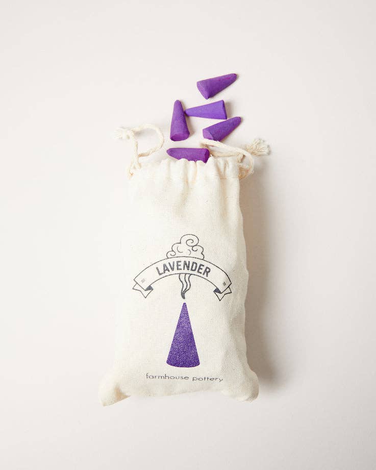Farmhouse Pottery - Artisan Incense Cones: Cedarwood, displayed with a cotton pouch and purple cones, ideal for enhancing kitchen ambiance or setting a calming mood.