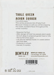 Back of Bentley Seed Co. packet for Squash-Acorn Table Queen 1913, featuring planting instructions, harvest details, and company info, ideal for winter storage and baking.