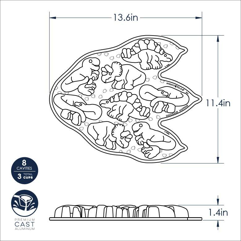 Nordic Ware | Dinosaur Cakelet Pan: Cast aluminum mold for baking 8 dinosaur-shaped muffins or cakes, featuring nonstick coating for easy release.