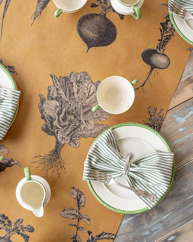 Hester & Cook | Farmer's Market Runner displayed on a table with ceramic dishware and utensils, capturing an elegant culinary setting.