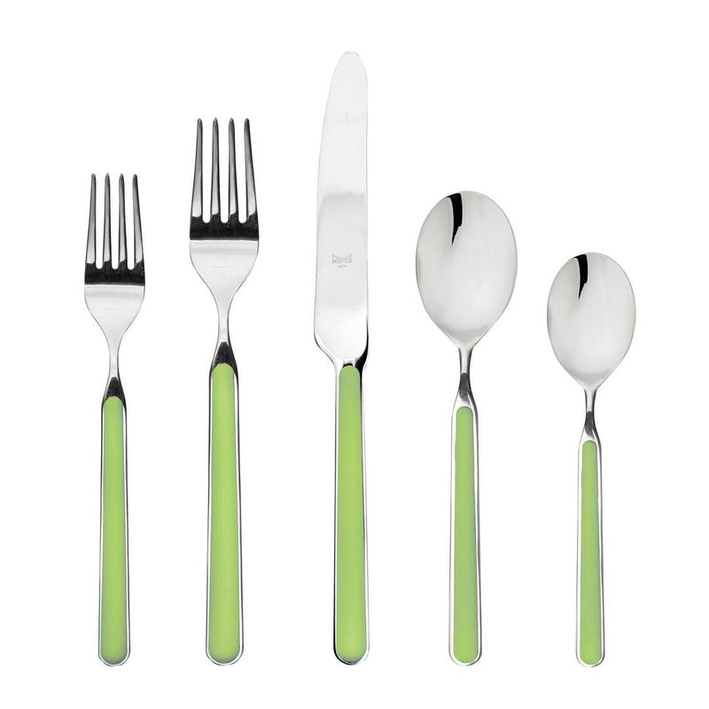 Mepra SPA - PLACE SET 5 PCS FANTASIA ACID GREEN features elegant silverware with green handles made from durable stainless steel and resin.