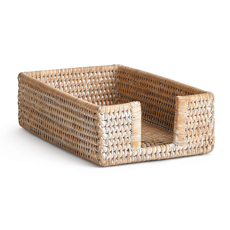 Napa Home & Garden - Burma Rattan Rect Guest Napkin Holder, a handmade whitewashed wicker basket designed to neatly store napkins, showcasing tight, durable weaving.