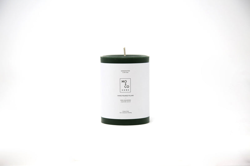 Mo&Co Home - Forest Green 100% Beeswax Pillar Candle, 3x6 inch, hand-poured with cotton wick, responsibly sourced, eco-conscious, clean burning, handmade in the USA.