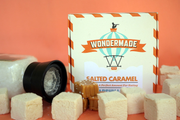 Wondermade - Salted Caramel Marshmallows in a branded box with marshmallow cubes and salted caramel pieces, ideal for enhancing coffee or tea moments.