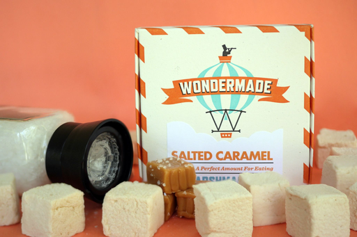 Wondermade - Salted Caramel Marshmallows in a branded box with marshmallow cubes and salted caramel pieces, ideal for enhancing coffee or tea moments.