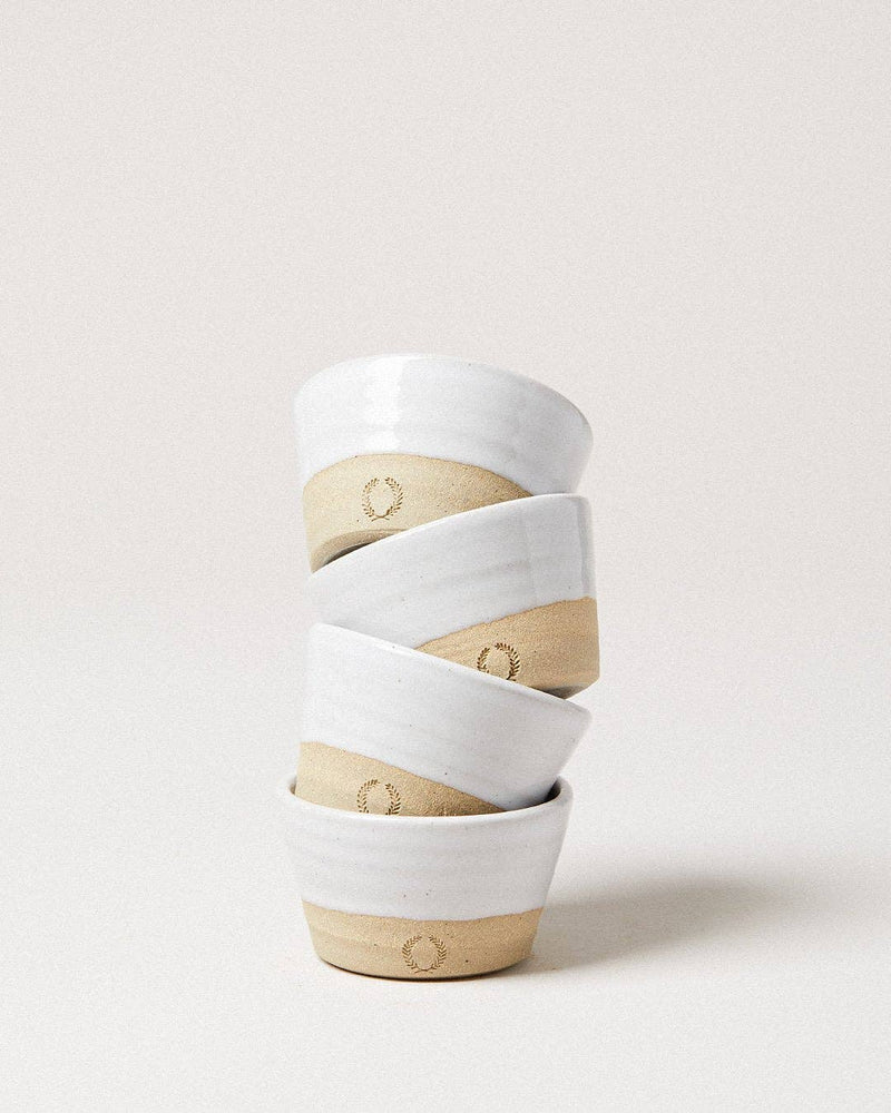 Farmhouse Pottery - Petite Silo Bowl: Single, stack of four, wheel-thrown, two-toned ceramic cups with laurel motif, versatile for kitchen use, handcrafted in Vermont.