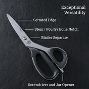 Shun | Shear Set, 2-Piece on dark surface, showcasing multi-function kitchen shears with serrated edge, bone notch, separable blades, and screwdriver handle.