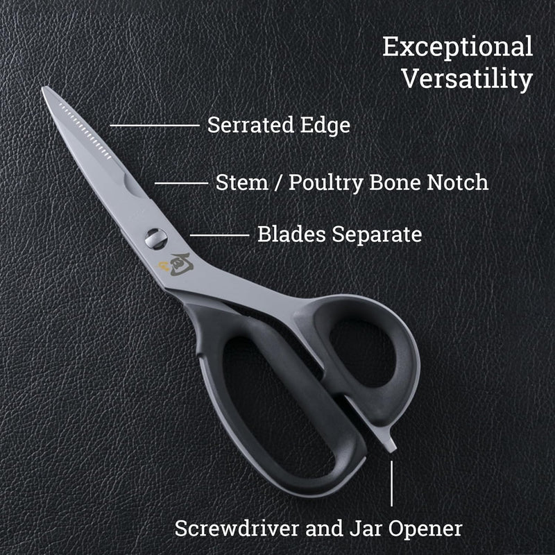 Shun | Shear Set, 2-Piece on dark surface, showcasing multi-function kitchen shears with serrated edge, bone notch, separable blades, and screwdriver handle.