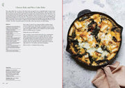 Tenderheart cookbook spread featuring “Cheesy Kale and Rice Cake Bake” recipe and finished dish in a skillet, highlighting vegetable-driven, cozy recipes by author Hetty Lui McKinnon.
