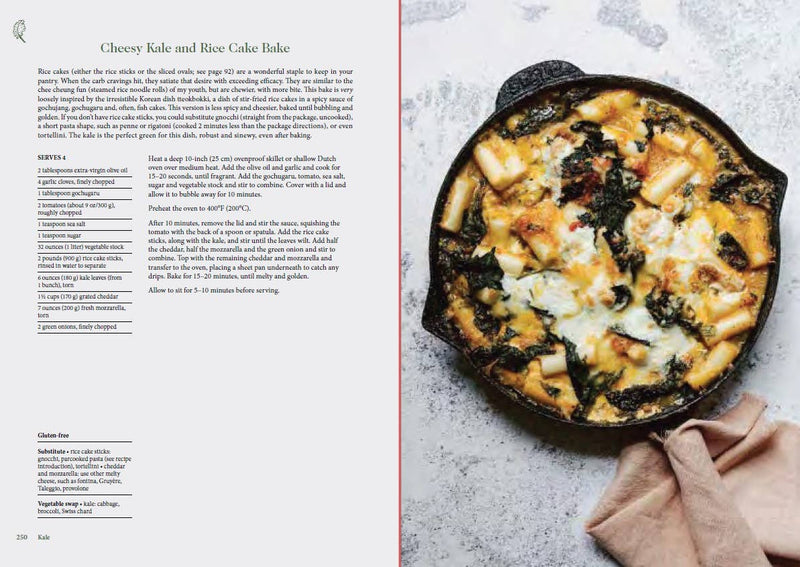Tenderheart cookbook spread featuring “Cheesy Kale and Rice Cake Bake” recipe and finished dish in a skillet, highlighting vegetable-driven, cozy recipes by author Hetty Lui McKinnon.