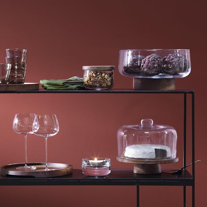 LSA International | City Tray displayed on a shelf with wine glasses and food items, showcasing elegant barware in a kitchen setting at Athens Cooks.