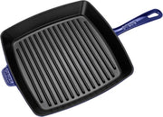 STAUB Cast Iron Square Grill Pan in Dark Blue, designed for indoor grilling with excellent heat retention and authentic grill marks. Perfect for versatile, high-heat cooking.