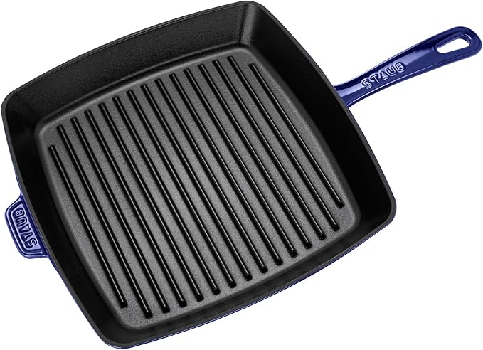 STAUB Cast Iron Square Grill Pan in Dark Blue, designed for indoor grilling with excellent heat retention and authentic grill marks. Perfect for versatile, high-heat cooking.