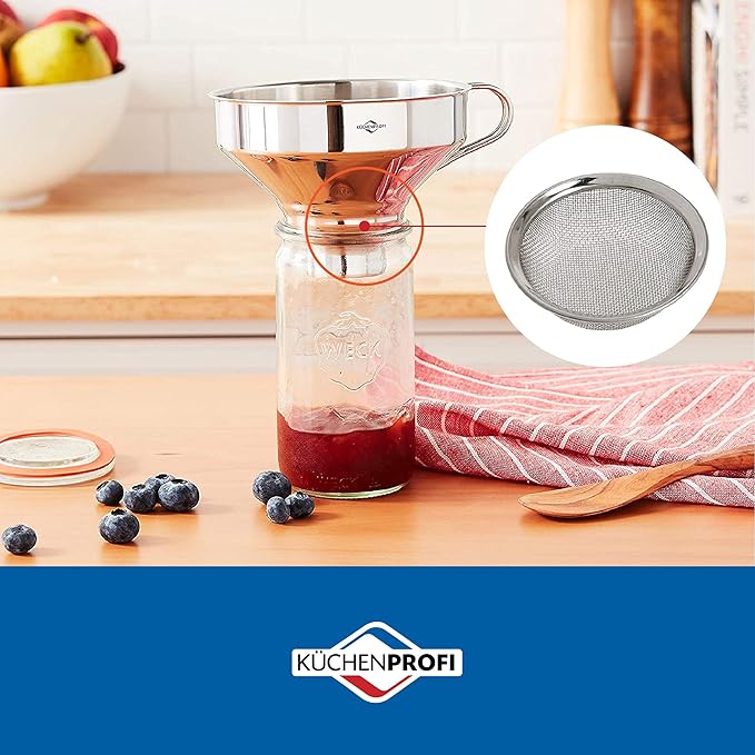 Küchenprofi | Wide Mouth Canning Funnel with Mesh Filter displayed on a countertop, showcasing its durable design and fine mesh filter for efficient kitchen use.