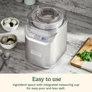 Cuisinart | Cool Creations 2 Quart Ice Cream Maker with digital display, surrounded by bowls of ice cream and cookies, on a kitchen countertop.