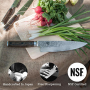 Shun | Premier Starter Set, Walnut, 3-Piece: High-end Japanese chef's knife on cutting board with radishes and scallions, highlighting handcrafted quality, free sharpening, and NSF certification.