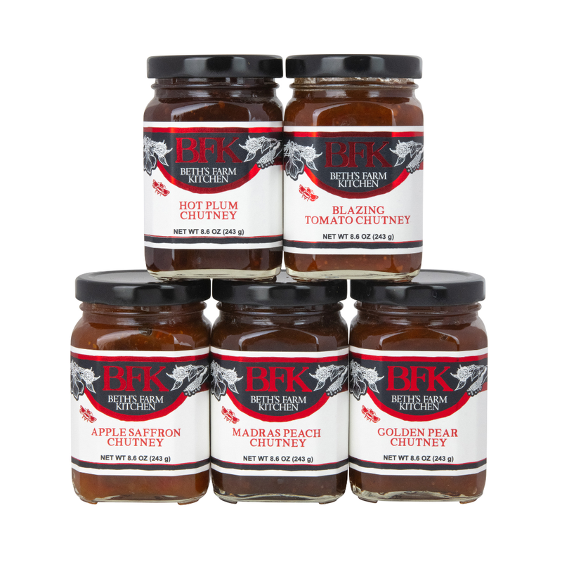 Beth's Farm Kitchen - 1/2 case of Golden Pear Chutney, 6 jars arranged in a pyramid, ideal for cheese boards, made with local Hudson Valley pears.