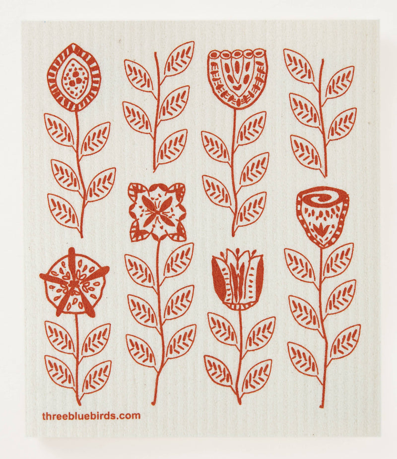 Three Bluebirds Swedish Dishcloths - Amber Garden features a red and white floral embroidery pattern, ideal for sustainable kitchen cleaning, replacing paper towels efficiently.