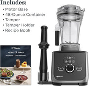 Vitamix Ascent X4 Brushed Stainless blender with instructions, surrounded by a bowl of fruit, nuts, and salad, ideal for versatile kitchen use.