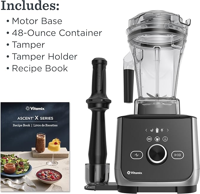 Vitamix Ascent X4 Brushed Stainless blender with instructions, surrounded by a bowl of fruit, nuts, and salad, ideal for versatile kitchen use.