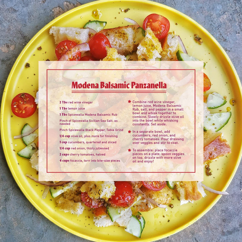 Spicewalla | Grill & Roast Gift Collection features a Modena Balsamic Panzanella recipe card, showcasing the versatile flavors for enhancing grilled and roasted dishes.