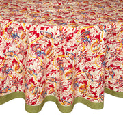 Couleur Nature - Noel Red & Green French Tablecloth: 71 x 71, featuring festive red-and-gold motifs and an olive-green border, handprinted on cotton, ideal for holiday gatherings.