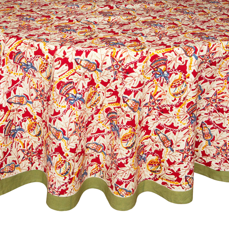 Couleur Nature - Noel Red & Green French Tablecloth: A festive, handprinted tablecloth with Christmas motifs, enhancing any dining setting with artisanal charm and elegance.