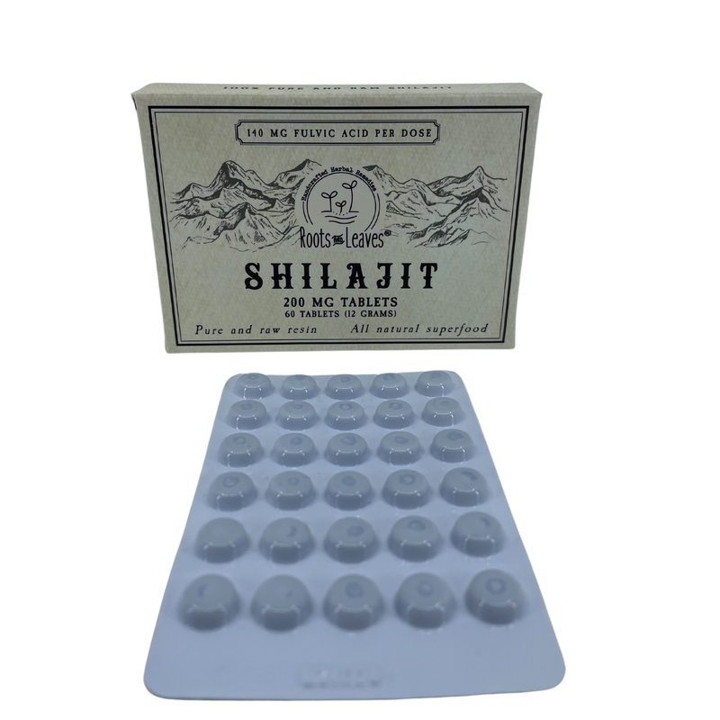 Roots And Leaves - Pure Shilajit Tablets 60ct. - 60 doses, with blister pack visible, featuring 200 mg raw Shilajit tablets, lab-tested, vegan, non-GMO, sourced from Altai Mountains.
