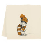 Eric & Christopher - Harvest Mouse Tea Towel features a cute mouse with an orange hat and scarf, holding a pumpkin, printed on cream cotton fabric.
