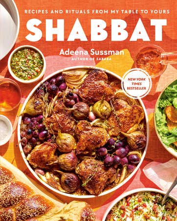 Penguin Random House LLC - Shabbat cookbook cover with a festive Sabbath spread featuring roasted chicken, salads, challah, and drinks by Adeena Sussman, a New York Times bestseller.