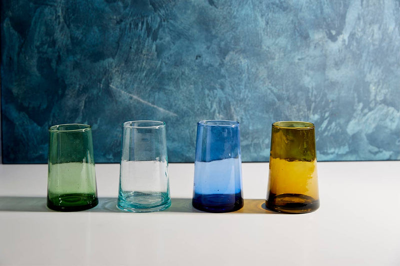 Moroccan Cone Glassware Large - Blue, hand-blown set of 6, showcasing elegant design with visible bubbles and organic forms, made from recycled materials.