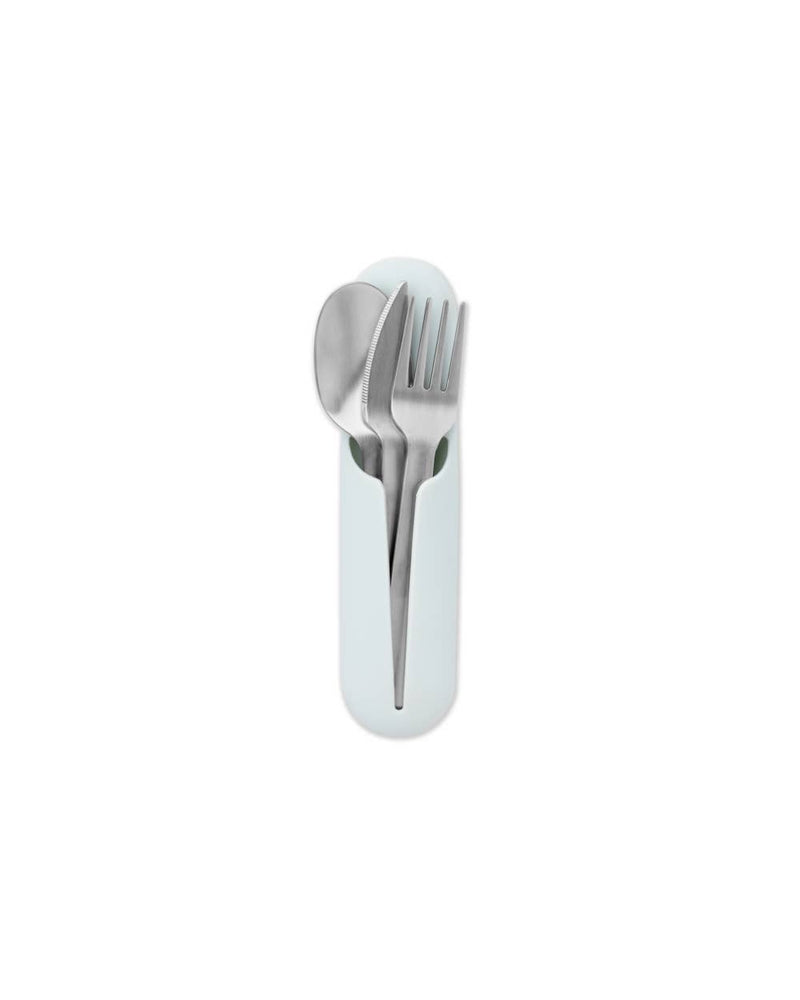 W&P - Stainless Steel Utensils Set in Silicone Carry Case: Terrazzo Charcoal, featuring a fork, spoon, knife, and sleek silicone holder for easy transport and cleanliness.